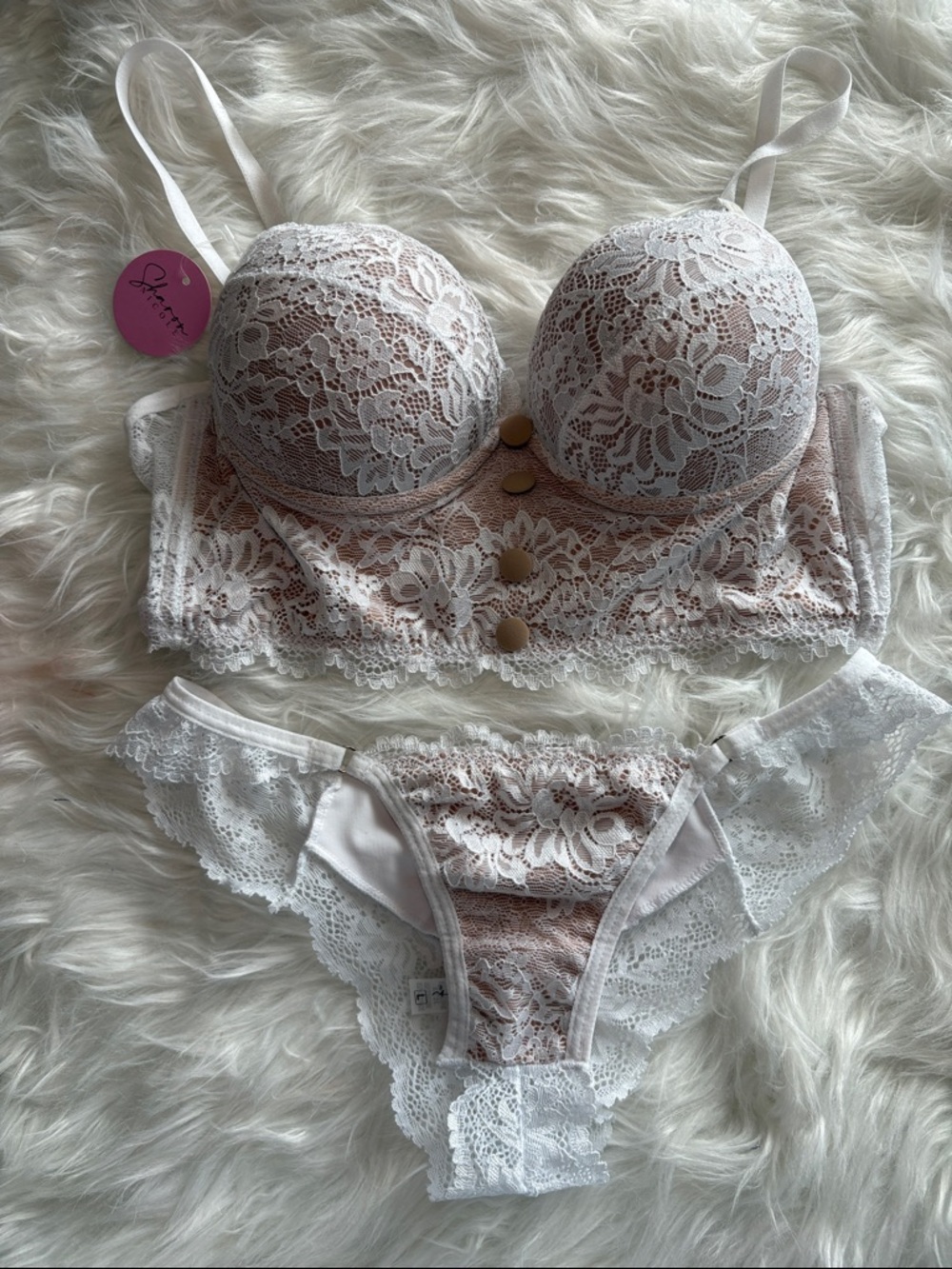 Sharon Nicole  White & Blush Lace Longline Bra Set - Women Intimates